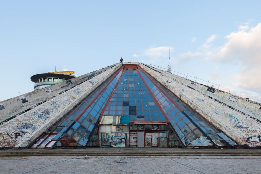 Enver Hoxha Museum pyramid under a clear sky