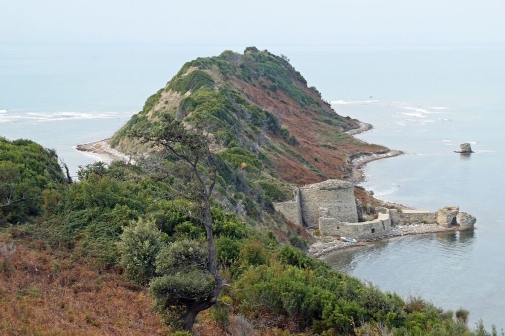 The Castle of Rodon, with its ruins stretching toward the Adriatic Sea.