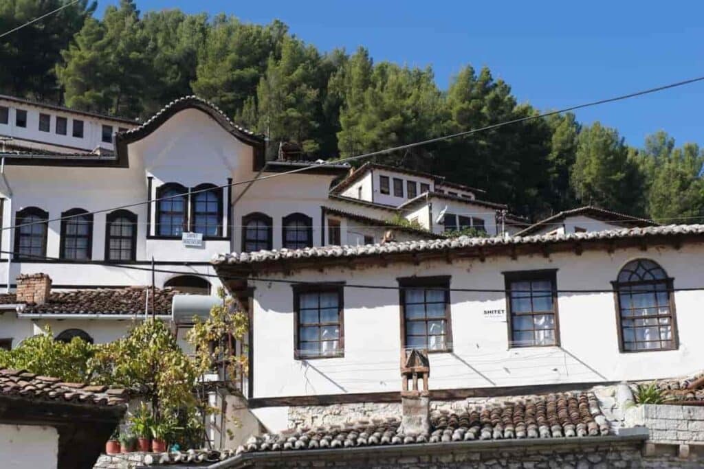 A panoramic view of Berat, Albania, with its historic Ottoman houses and Berat Castle.