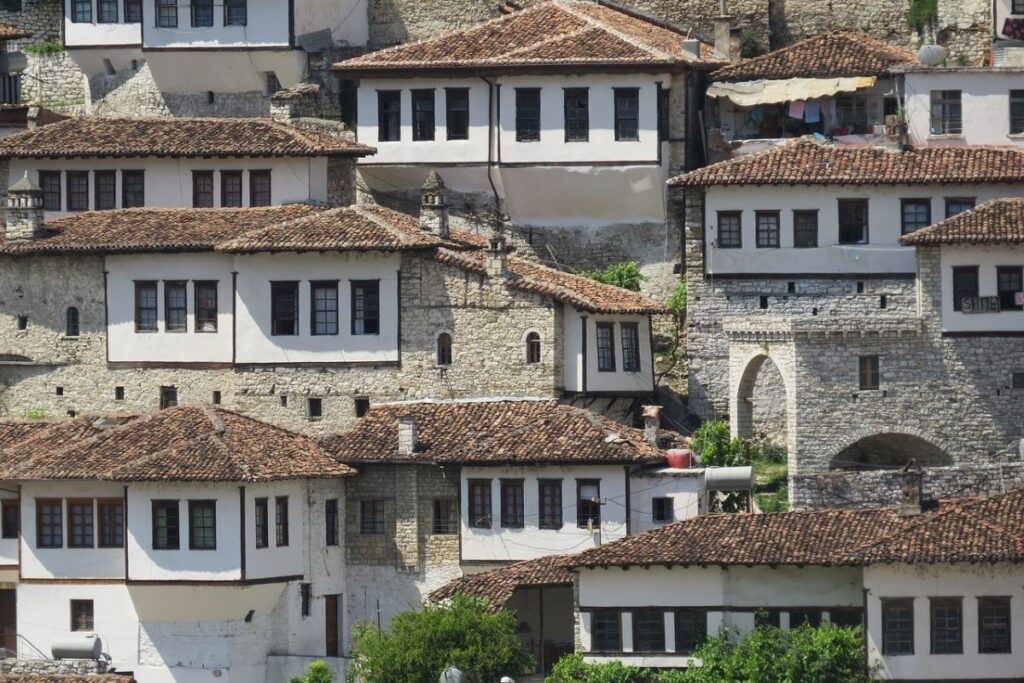 The historic city of Berat, Albania, with its iconic white Ottoman-era houses.