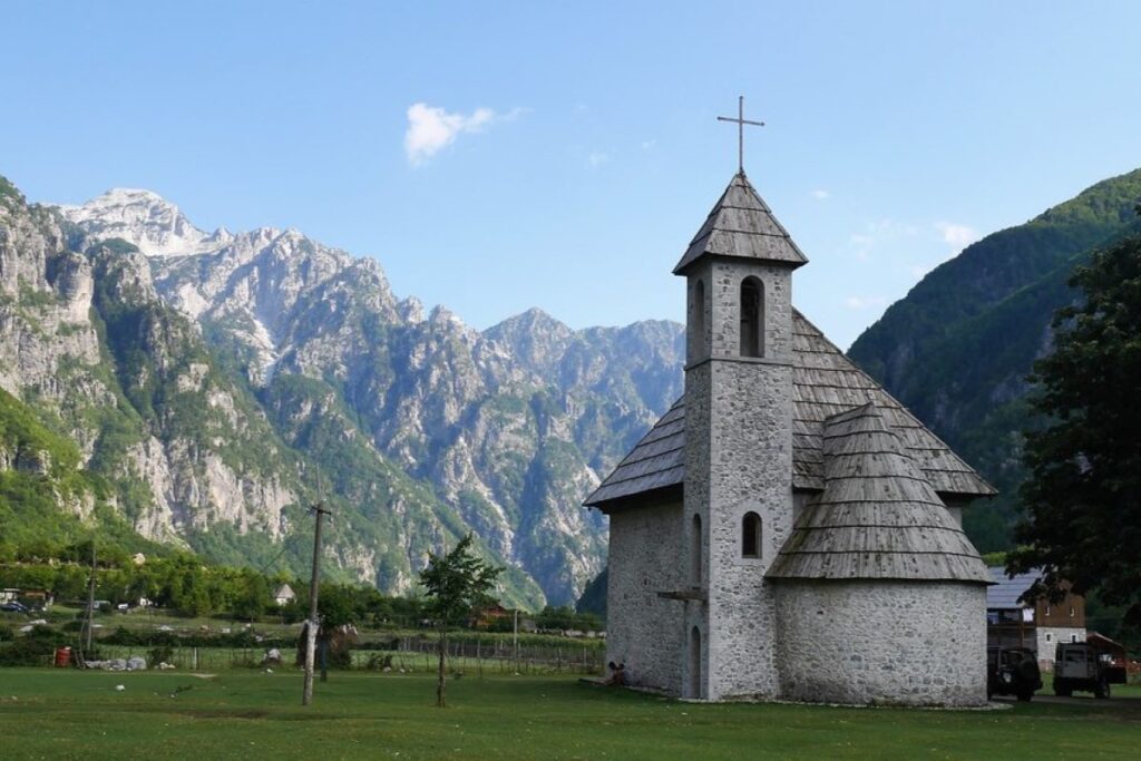 The Church of Theth, a quaint stone church in the heart of the Albanian Alps.