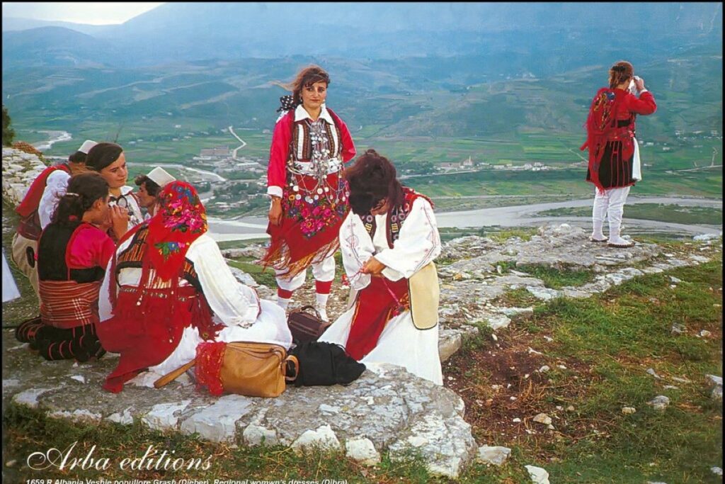 Dancers in traditional costumes performing at the Logu i Bjeshkëve festival in Northern Albania.