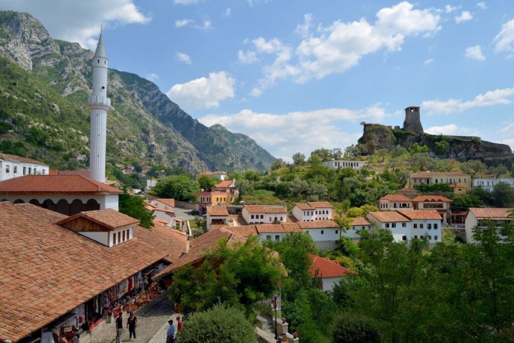 Kruja Castle overlooking the Albanian countryside and mountains, a symbol of national pride.