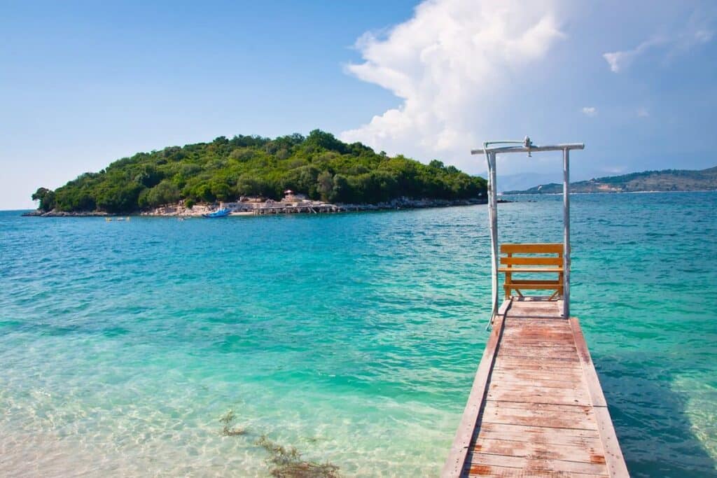 Ksamil Beach in South Albania, known for its pristine beaches and turquoise waters.