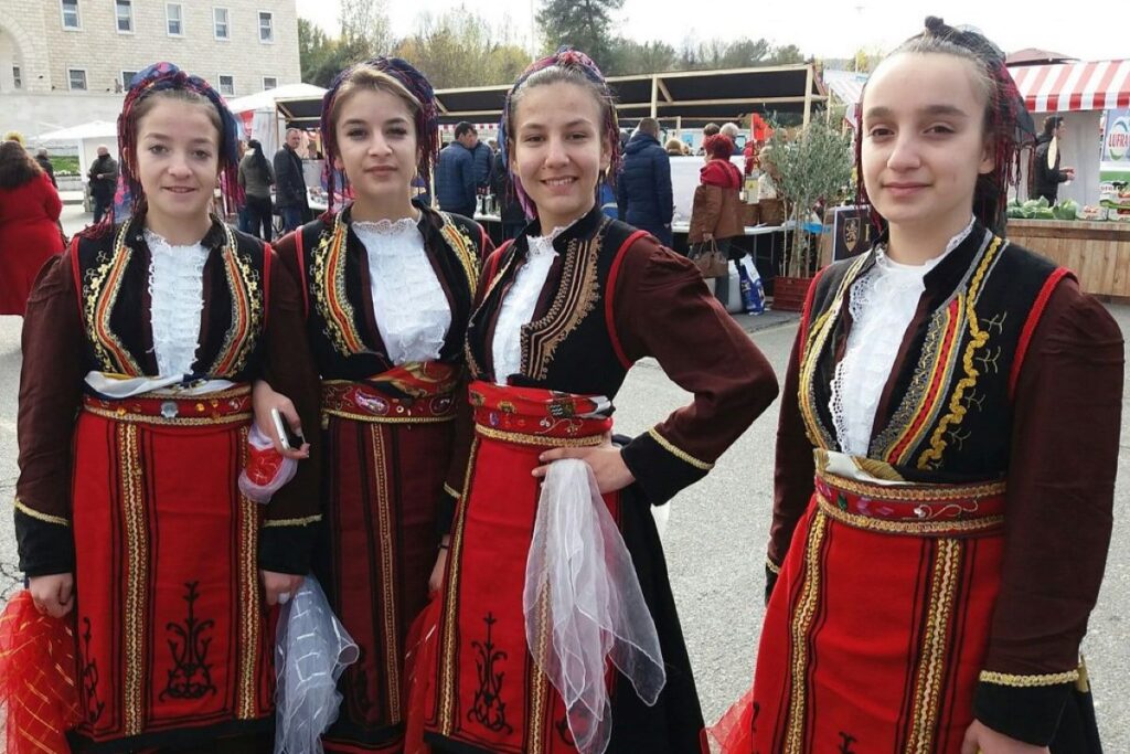 A group performing traditional Albanian polyphonic singing at a festival in Himara, South Albania.