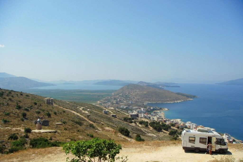 A furgon parked in the mountains of Albania with scenic views.