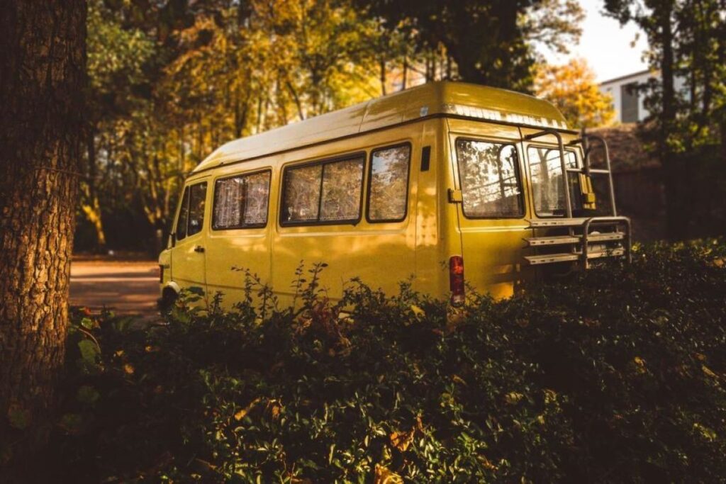 A furgon parked at a rural stop, ready to connect travelers to smaller villages in Albania.