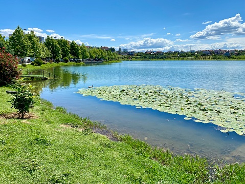 Lake Belshi with its serene waters, surrounded by lush hills and a tranquil promenade.