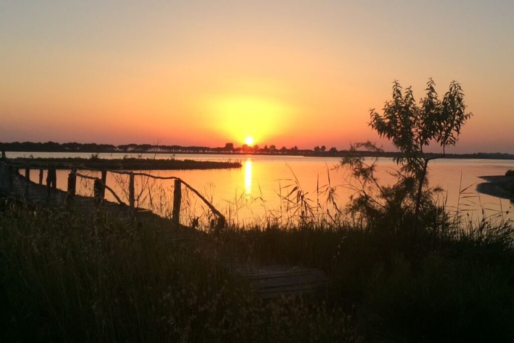 A panoramic view of the Lagoon of Karavasta at sunset,