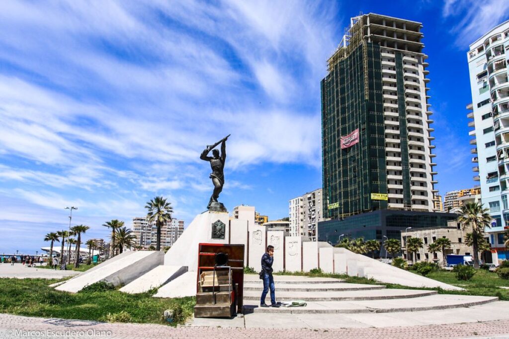 The statue of Mujo Ulqinaku in Durrës, standing proudly near the harbor he defended in 1939.