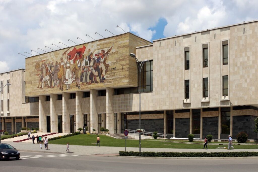 The National Historical Museum in Tirana with its iconic mosaic mural 'The Albanians' on the facade