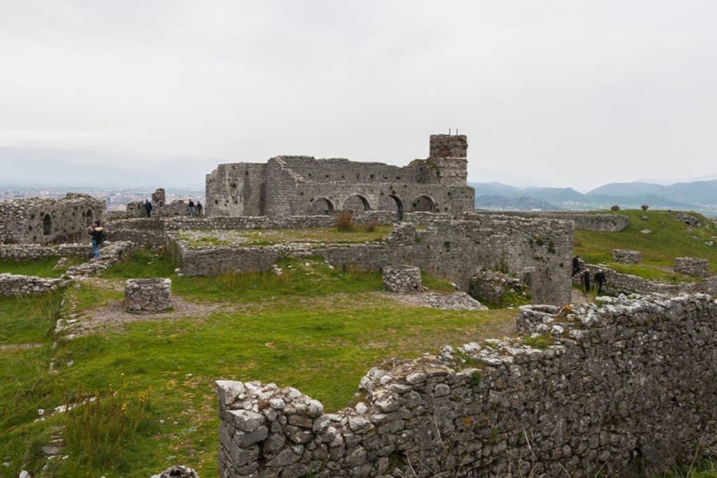 Rozafa Castle with sweeping views of the town and Adriatic Sea in the distance.