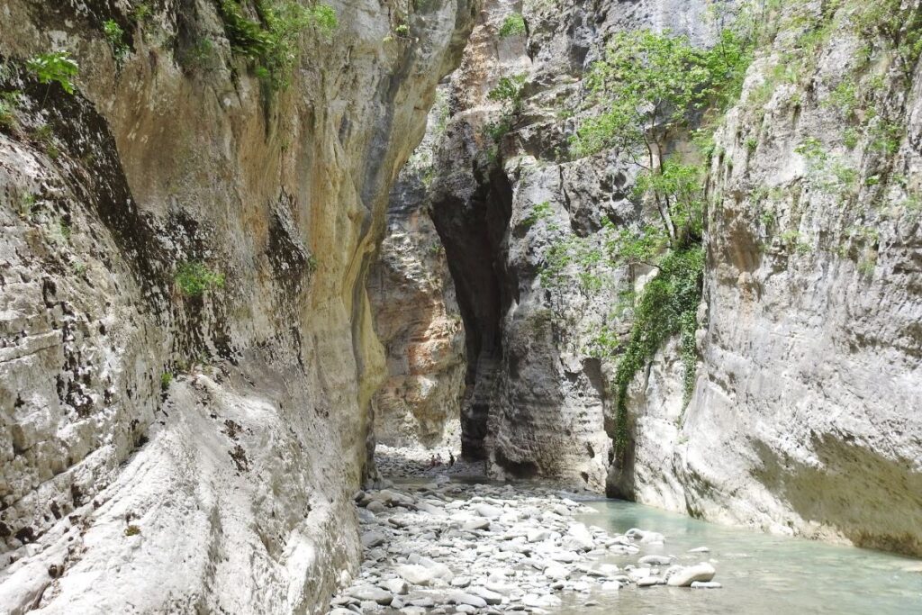 A stunning view of a narrow canyon with towering limestone cliffs, lush green vegetation, and a shallow turquoise river flowing over smooth rocks, showcasing Albania’s natural beauty.